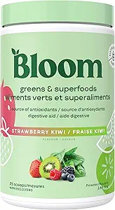 Bloom Nutrition Superfood Greens Powder, Verdauungsenzyme mit Probiotika und Präbiotika, Gut Health, Bloating Relief für Frauen, Chlorella, Saftmischung mit Rübenwurzelpulver, 25 SVG, Erdbeer Kiwi