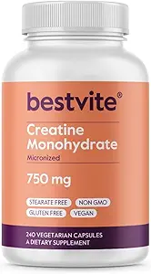 BESTVITE Creatine Monohydrate 750mg (240 vegetarische Kapseln) - Micronized - No Stearates - Vegan - Non GMO - No Gelatin - Glutenfrei - Creatine Capsules