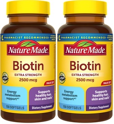 Nature Made Biotin 2500 mcg Extra Strength, Biotin Supplements Support Healthy Hair Skin & Nails, 150 Softgels, 150 Day Supply, (Pack of 2)