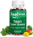 Feel Great Super Green Gummies Teen Vitamins | Vegan Veggie Gummy Multivitamin for Teens | Fruit and Vegetable Supplement | Veggie Fiber Supplement | 60 Count