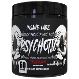 Insane Labz Psychotic Black Edition Mid Stimulant Pre Workout Powder, Energy Focus Pumps, Loaded with Creatine Beta Alanine Taurine Fueled by AMPiberry, 60 Servings (60, Fruit Punch)