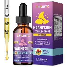 Kids Magnesium Liquid Drops-Magnesium Glycinate Liquid for Kids Supplement-w/L-theanine, Omega-3, Vitamin B6, D3 - for Sleep, Relaxation, Brain, Bones - Mixed Berry Flavor, 2 Fl Oz