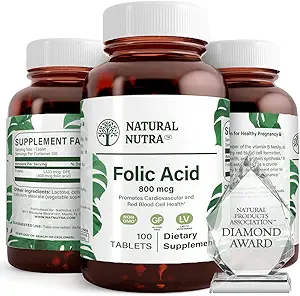 Natürliche Nutra Folic Säure Folat Vitamin B9 Ergänzung, Pränatales Vitamin für Herz- und Herz-Kreislauf-Gesundheit, Rote Blutzellbildung, Vegetarische und Glutenfreie Ergänzungen, 800 mcg, 100 Tabletten