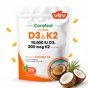 VEV Corefeel Vitamin D3 K2 10,000 IU, 200 mcg MK-7, 120 Coconut Oil Softgels, 2-in-1 Vitamins D & K, Easy to Swallow