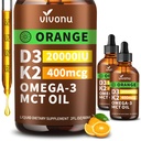 VivoNu 2 Pack-Vitamin D3 K2 Drops, D3 20000 IU & K2 as MK-7 400mcg with Magnesium, Calcium, Zinc & Omega 3 for Immune*, Mood*, Bone* Health, Orange Flavor Vitamin D Liquid Drops Supplement