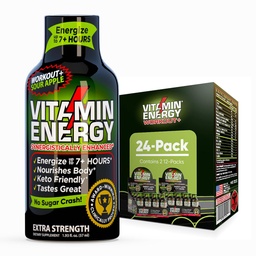 Vitamin Energy Workout+ Extra Strength Energy Shot Sour Apple 24 Pack, 260mg Natural Caffeine, Pre-Workout, B-Vitamine, Mineralstoffe, Endurance & Performance, Zero Sugar, Gluten-Free, Vegan, 1,93 fl oz