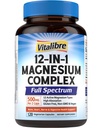 Vitalibre 12 in 1 Magnesium Complex Supplement 500mg | Max Absorption Chelated Magnesium Glycinate Citrate Malate & More for Bone, Nerve & Digestive Support | Non-GMO Vegan Capsules (120 Count)