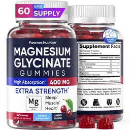 Magnesium Glycinate Gummies 400mg Extra Strength, Cherry Flavor (60 Count) - High Absorption Supplement for Adults, Kids, Women & Men, Muscle & Relaxation, Sugar-Free Vegan Non-GMO Chews