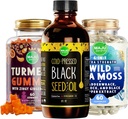 Maju Superfoods Black Seed Oil, 4-in-1 Sea Moss Capsules und Turmeric Curcumin Ginger Gummies Bundle