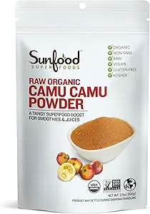 Sunfood Superfoods Raw Organic Camu Camu Powder - Camu Camu Powder Organic, Camu Camu Berry Vitamin C Pulver für Saft und Glatteien, USDA Organic, Non GMO - 3.5 oz Tasche