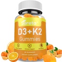 Vitamin D3 K2 Gummies for Adults with Calcium and Magnesium, 10000 IU Vitamin D3, MK-7, Orange Flavor, Pectin Based, 60 Gummies, 30 Servings