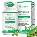 Moringa Capsules, Natural Antioxidant Supplement for Gut Health/Energy/Skin/Immune Health,Green Superfood, 7-in-1 with CoQ10 /Turmeric/Grape Seed Extract/Zinc/Pure Moringa Extract,Vegan,120 Vegan Caps