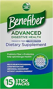 Benefiber Advanced Digestive Health Prebiotic Fiber Supplement Powder mit Probiotika für Verdauungsgesundheit, Low FODMAP – 15 Sticks (3.0 Unzen)