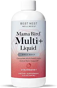 Best Nest Wellness Mama Bird Liquid Multi Plus - Flüssiges Multivitamin für Brain & Energy Support Methylierte Vitamine - Gentle Digestive Health Formula - Erdbeere, 16 fl oz (60 Servietten)