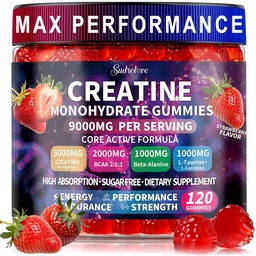 Creatine Monohydrate Gummies with BCAA, Beta-Alanine, L-Taurine, L-Carnitine, Vitamins B6 & B12, Raspberry Flavor, Pre Workout Chewable Supplement for Men & Women, 120 Count, Strawberry