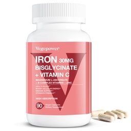 Eisen Ergänzungen für Frauen Männer, Vegan Eisen Bisglycinat 30mg Plus Vitamin C, B12, Folsäure - Eisen Pillen für Anämie, Gesundheit Blut & Energie Unterstützung - Sanfte, hohe Absorption, Non-GMO - 90 Kapseln
