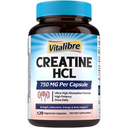 Vitalibre Creatine HCl Capsule, 750mg High Absorption Creatine Hydrochloride, Endurance, Strength, Fast Absorbing, No Load, No Bloat, Monohydrate Micronized Alternative, Once Daily, 120 Capsules