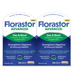 Florastor Advanced Gas and Bloat Probiotic, Digestive Enzymes and Botanicals, Plus Probiotics for Digestive Health, 30 Capsules (Pack of 2)