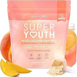 SkinnyFit - Super Youth Collagen für Damen - Multi Collagen Peptides Powder - Probiotics, Fiber, Hyaluronsäure - Non GMO, Glutenfrei, Sugar Free - Beauty & Self Care - Peach Mango (28 Servierungen)
