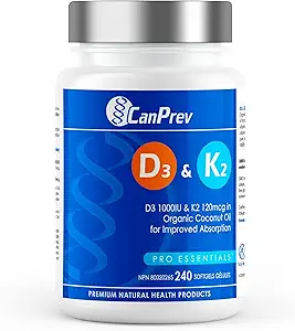 CanPrev D3 & K2 Vitamine 240 Softgels, 240-Tage-Versorgung, 1000IU Vitamin D3 & 120mcg K2, Unterstützt starke Knochen, Zähne & Herz Wellness, einfach zu absorbieren mit Bio Kokosöl, keine GMO, Gluten, Soy, Dairy