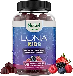 Nested Naturals Luna Kids Sleep Gummies - Non-Habit Forming Kids Melatonin Gummy mit Valerian Root, Kamille, und Zitronenbalsam - Kinder Melatonin Schlafhilfe - Gemischte Beere, 60 Vegan Gummies
