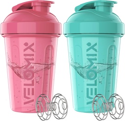 VELOMIX -2 Pack- 20 oz Protein Shaker Bottles for Protein Mixes - 2x Wire Whisk | Leak Proof Shaker Cups for Protein Shakes and Pre Workout | Protein Shaker Bottle Pack (A4) Pink/Turquoise