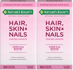 Nature's Bounty Optimal Solutions Hair, Skin & Nails Formula, with 3,000 mcg Biotin, 60 Coated Caplets, 20 Servings, (Pack of 2)