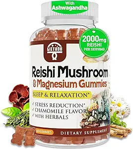 Reishi Mushroom Gummie, Cortisol Ergänzungen für Damen und Herren, mit Reishi Pilzextrakt, Ashwagandha, Magnesium, Relaxation Kräutermischung für Rest, Kalm, Immune & Energy, Vegan, 60 Gummie