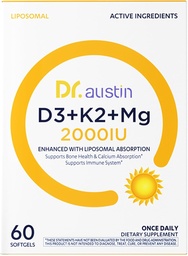 DR.AUSTIN Liposomal Vitamin D3 K2 Magnesium Complex, Vitamin D3 2000 IU, K2 MK-7 90 mcg & Magnesium Glycinate 100 mg, Bone, Immune & Muscle Support Supplement, Once Daily Softgels, 60 Count