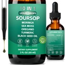 10-in-1 Soursop Bitters Liquid Drops, 2 Fl Oz, Daily Gut, Immune & Detox Support with Sea Moss, Moringa, Black Seed Oil, Turmeric, VC & VD, Non-GMO Vegan