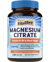 Vitalibre Magnesium Citrate Supplement with Vitamins D3 & B6, 420 mg Elemental citrato de magnesio, Bone Support, Relaxed Brain, Nerves, Enhanced Absorption with Black Pepper, 120 Capsules, Non-GMO