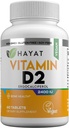 HAYAT Vitamine Vegan Vitamin D2 2400 IU (60 MCG), Nahrungsergänzungsmittel für Knochen, Zähne, Muskel- und Immungesundheitsunterstützung, 2 Monate Versorgung, All Natural, Certified Halal, 60 Tabletten, Made in USA