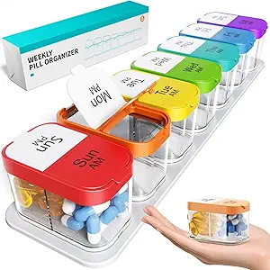 Odaro Extra große wöchentliche Pille Organizer, XL Pille Box 7 Day Am Pm, Jumbo Medizin Organizer 2 Mal A Day to Hold Daily Medicine Vitamin and Supplements - Rainbow