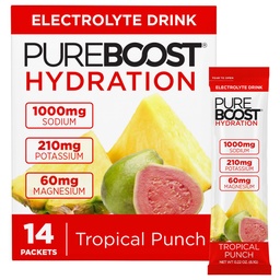 Pureboost Sugar Free Electrolyte Hydration Powder Packets – Tropical Punch, 14 Count – Zero Calories – Fast Hydration Drink Mix with 1000mg Sodium, Potassium & Magnesium