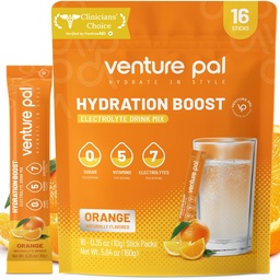 Venture Pal Sugar Free Electrolyte Powder Packets - Liquid Daily IV Drink Mix for Rapid Hydration & Party Recovery | 5 Vitamine & 7 Elektrolyte| Keto Friendly | Non-GMO | Certified Vegan | 16 Sticks