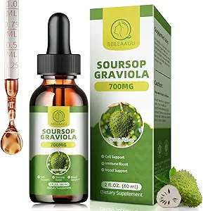 Soursop Graviola Flüssigkeitstropfen, Soursop Blätter Extrakt für Immun, Antioxidans, Mood & Nacht-Unterstützung, Soursop Bitters Flüssigkeit, hohe Absorption, Vegan, Glutenfrei, 2 Fl Oz