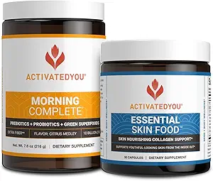 ACTIVATEDYOU Morning Complete Prebiotics, Probiotics, Green Superfoods (Citrus Medley) + Essential Skin Food Collagen, Elastin Support, 30 Servietten