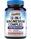 Vitalibre 12 in 1 Magnesium Complex Supplement 500mg | Max Absorption Chelated Magnesium Glycinate Citrate Malate & More for Bone, Nerve & Digestive Support | Non-GMO Vegan Capsules (240 Count)