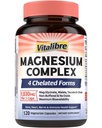 Vitalibre Magnesium Complex Supplement, 4 in 1 Maximized Absorption Chelated Magnesium Glycinate Malate, Taurate & Citrate, Non-Buffered, Bone, Heart, Nerve & Immune Support, 120 Vegan Capsules