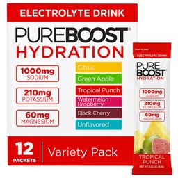 Pureboost Sugar Free Electrolyte Hydration Powder Packets Variety Pack – 12 Count – Zero Calories – Fast Hydration Drink Mix with 1000mg Sodium, Potassium & Magnesium