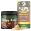 EarthNutri Energy + Focus Powder Supplement - Energy Boost & Hilft Konzentration mit PeakO2, AlphaSize, Cognizin, PurCaf, Theacrine, Acetyl L-Carnitine L-Tyrosine – Mango Flavor - 20 Portionen (171g)