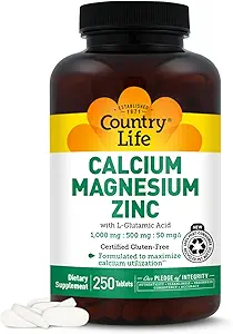 Country Life Calcium Magnesium Zink mit L-Glutaminsäure, Nahrungsergänzungsmittel für Knochenunterstützung, Certified Gluten Free, 1000mg/500mg/50mg, 250 Tabletten