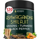 5in1 Ashwagandha Extrastärke mit Shilajit für Stamina, Energie- und Entspannungsunterstützung - Plus Ginseng, Turmeric Root & Black Pepper - 120 Count