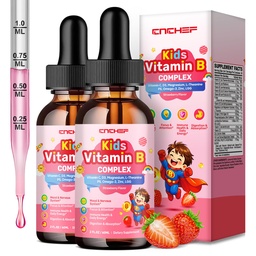 Vitamin B Complex for Kids, B1, B2, B3, B6, B9(Folate), B12, Omega-3 & Magnesium, Kids B Complex Liquid Supplement for Brain, Energy, Focus, Metabolism, Gut & Immune Support,Strawberry Flavor,4 fl oz