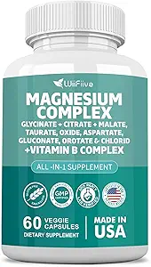 Magnesium Complex Supplement, Clycinat 141mg Oxid 228mg Malat 58.5mg Citrat 62.4mg mit Orotate Glycina Taurate Chlorid Aspartate Gluconate Vitamin B, Max Absorption, Glutenfrei, Non-GMO