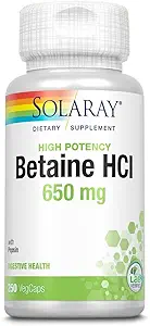 Solaray Betaine HCL mit Pepsin, High Potency Hydrochlorsäure Formel, Gesunde Verdauungsergänzung, Verdauungsenzyme für Gut Health Support, 60-Tage Garantie, 250 Servietten, 250 VegCaps
