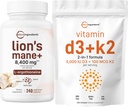Vitamin D3 5.000iu + K2 100mcg Softgels & Lions Mane Supplement 240 Veggie Kapseln Bundle 2 Pack | Essential Sunshine Vitamine | Superfood Pilz Antioxidantien mit L-Ergothioneine