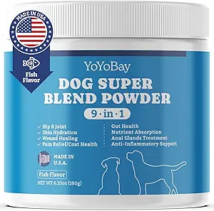 Ergänzungen für Hunde, Hundeergänzungsmittel Super Blend Powder 9 in 1, Vitamine für Hund, mit Island Fischpulver, Unterstützung Gut Gesundheit, Hip und Joint, Multivitamin Unterstützung, 6.35oz, Fisch Geschmack