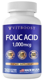 VITBOOST Folic Acid 1000 mcg (1667 mcg DFE) - Vitamin B9 Supplement, 360 CT | Non-GMO Tablets for Women and Men - Third Party Tested, High Potency | Made in USA
