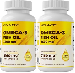 Vitamatic Triple Strength Omega 3 Fish Oil 3600mg Per Serving, 2160mg Omega 3 Fatty Acids, 1296mg EPA + 864mg DHA, Burpless Lemon Flavor, 180 Softgels (Pack of 2)